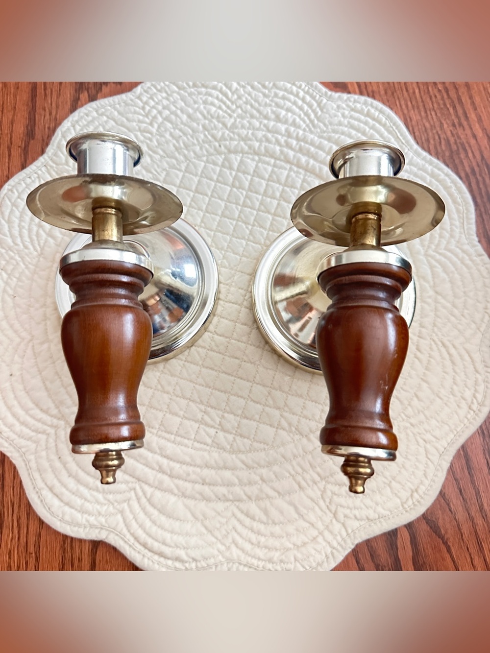 Pair of vintage metal/wood wall candle sconces
